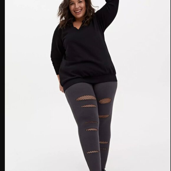 Torrid Full Length Signature Waist Split Legging gray fishnet mesh inset 3x NEW - Picture 1 of 6
